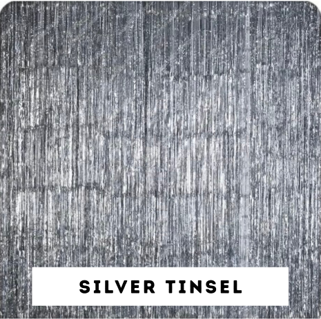 Close-up of a textured silver tinsel background with the words "Silver Tinsel" in bold black text on a white rectangle at the bottom.