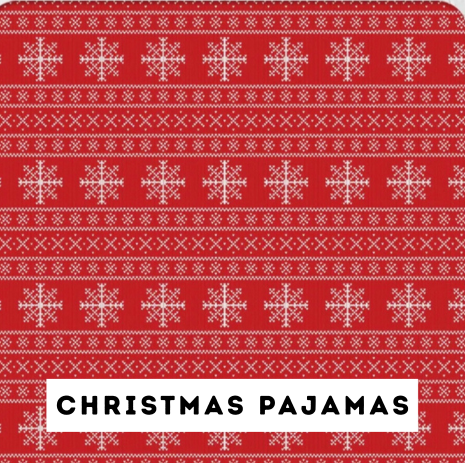 Red Christmas pajamas fabric with white snowflake patterns and the text 'Christmas Pajamas' in black on a white background.