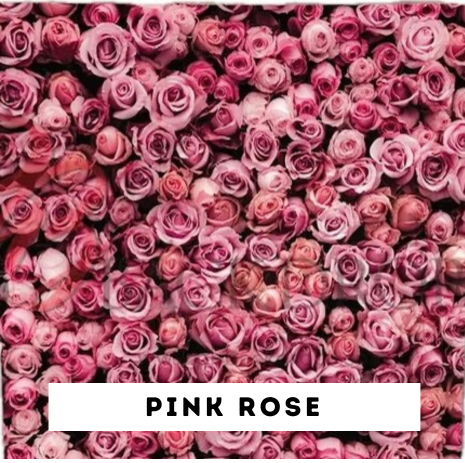 A large collection of pink roses with a label at the bottom reading 'Pink Rose.' 