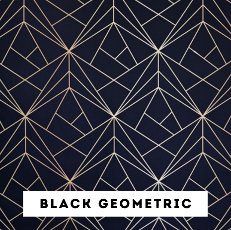 A black geometric patterned background with gold lines forming interconnected shapes, and the text 'Black Geometric' at the bottom.