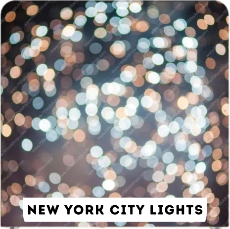 Blurred city lights with bokeh effect, labeled 'New York City Lights'.