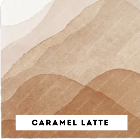 Abstract watercolor painting with wavy layers in shades of beige and brown, labeled 'Caramel Latte'.