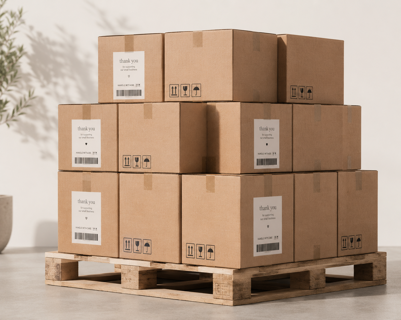 Stack of cardboard boxes on a wooden pallet, with labels and handling symbols, in a room with a plant in the background.