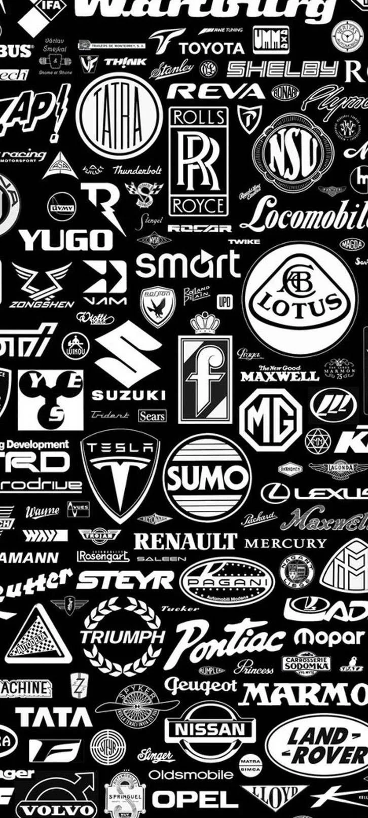 A black and white collage of car and automotive brand logos, including Lotus, Tesla, Nissan, Land Rover, Mercedes, and others.