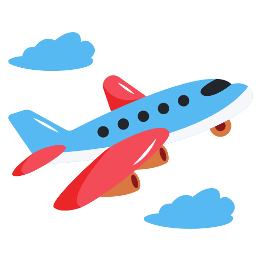 Cartoon airplane flying with clouds in the sky.