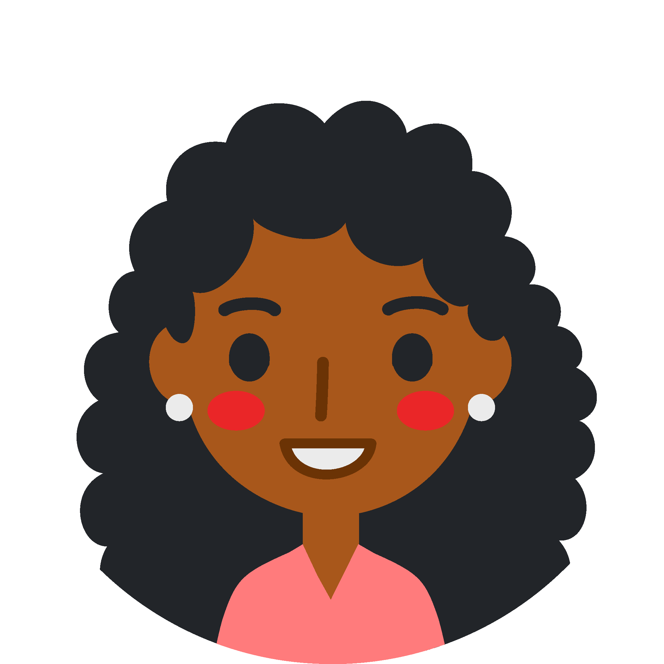 Cartoon illustration of a smiling woman with dark curly hair, wearing a pink top and peach-colored blazer, with red blush on cheeks and white earrings.