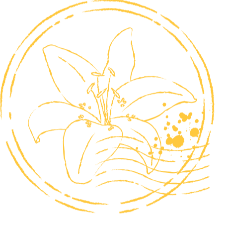 Stylized gold line drawing of a lily flower inside a circular frame with decorative lines.