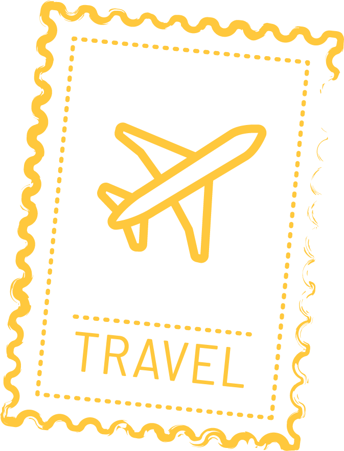 Yellow outline of a postage stamp with a dotted border. Inside, a yellow airplane icon in mid-flight and the word "TRAVEL" in yellow capital letters.
