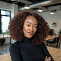 Portrait of a woman with curly hair wearing a black turtleneck, smiling in a modern office environment.
