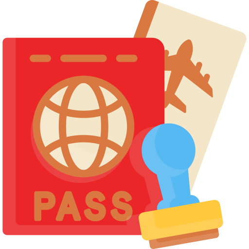 Passport with a globe symbol and an airplane ticket in the background.