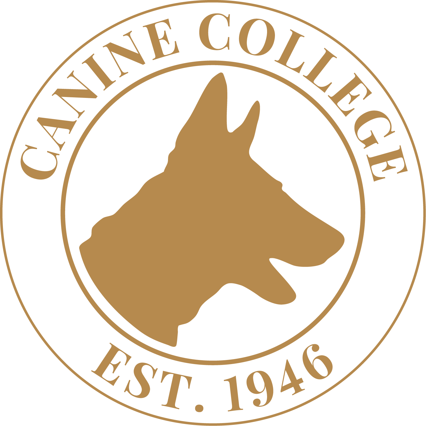 A circular logo with a silhouette of a German shepherd's head in gold at the center. The text around the circle reads 'Canadian K9 College' at the top and 'Est. 1946' at the bottom, both in gold.