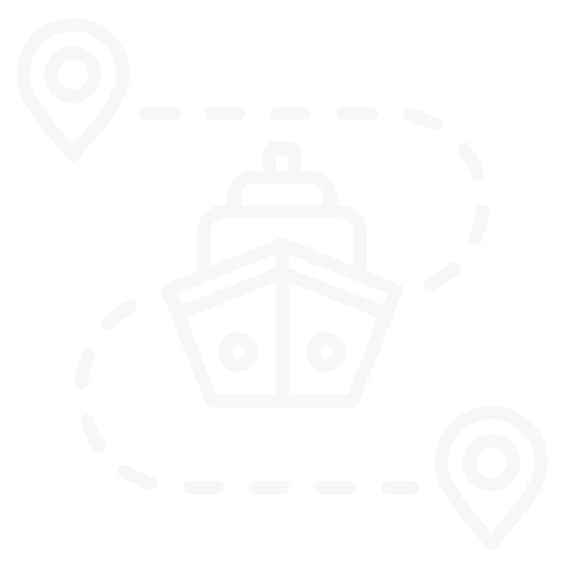 Icon of a boat on water with location markers indicating a route or navigation.