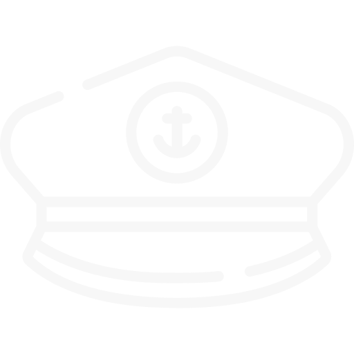 Captain's hat with anchor emblem in white outline on a black background.