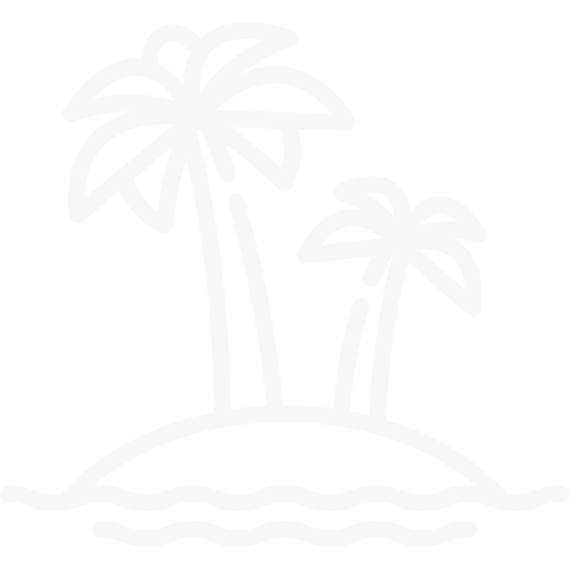 White outline of two palm trees on a small island with water surrounding it, set against a black background.