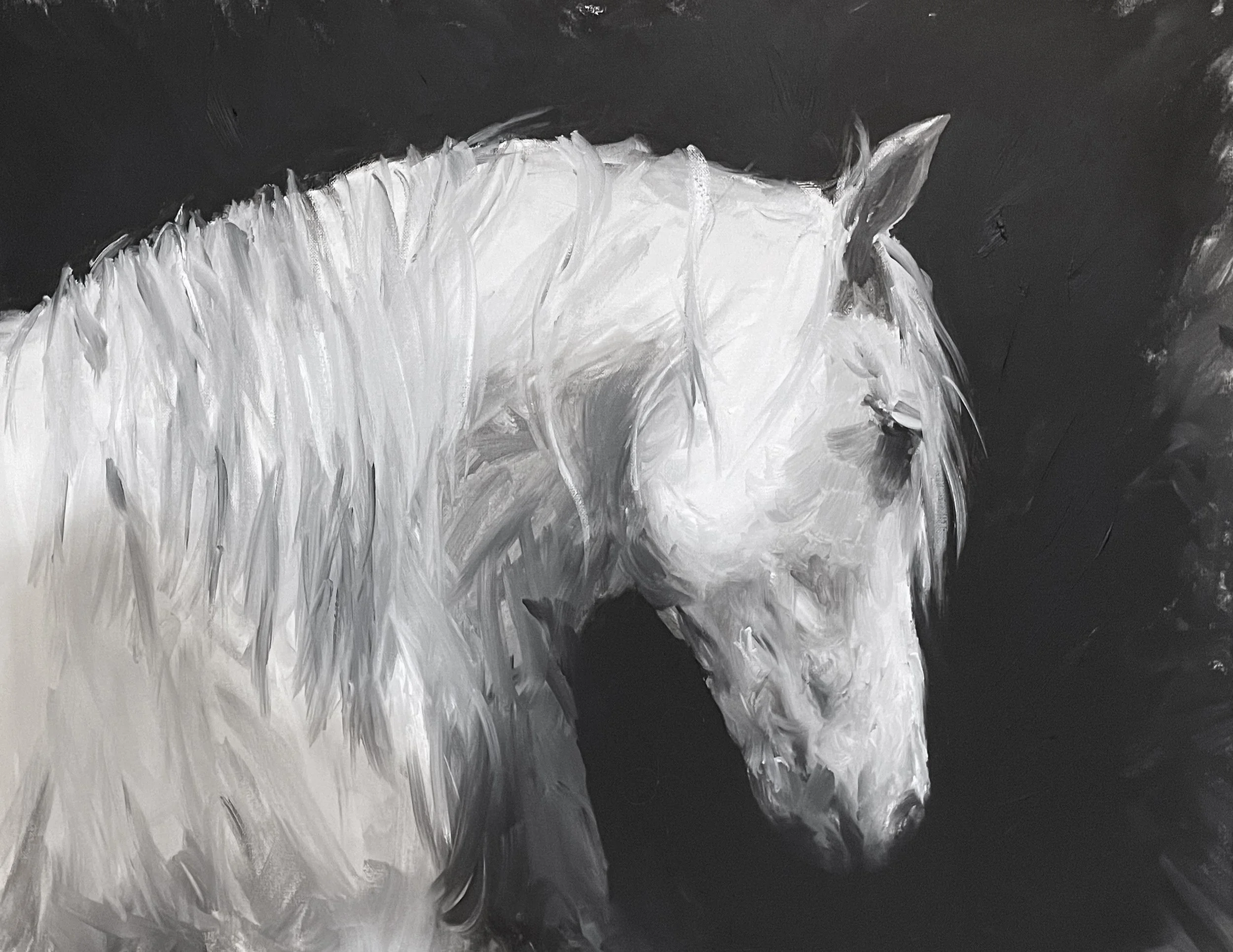 A monochromatic painting of a horse's head, with visible brushstrokes and a black background.