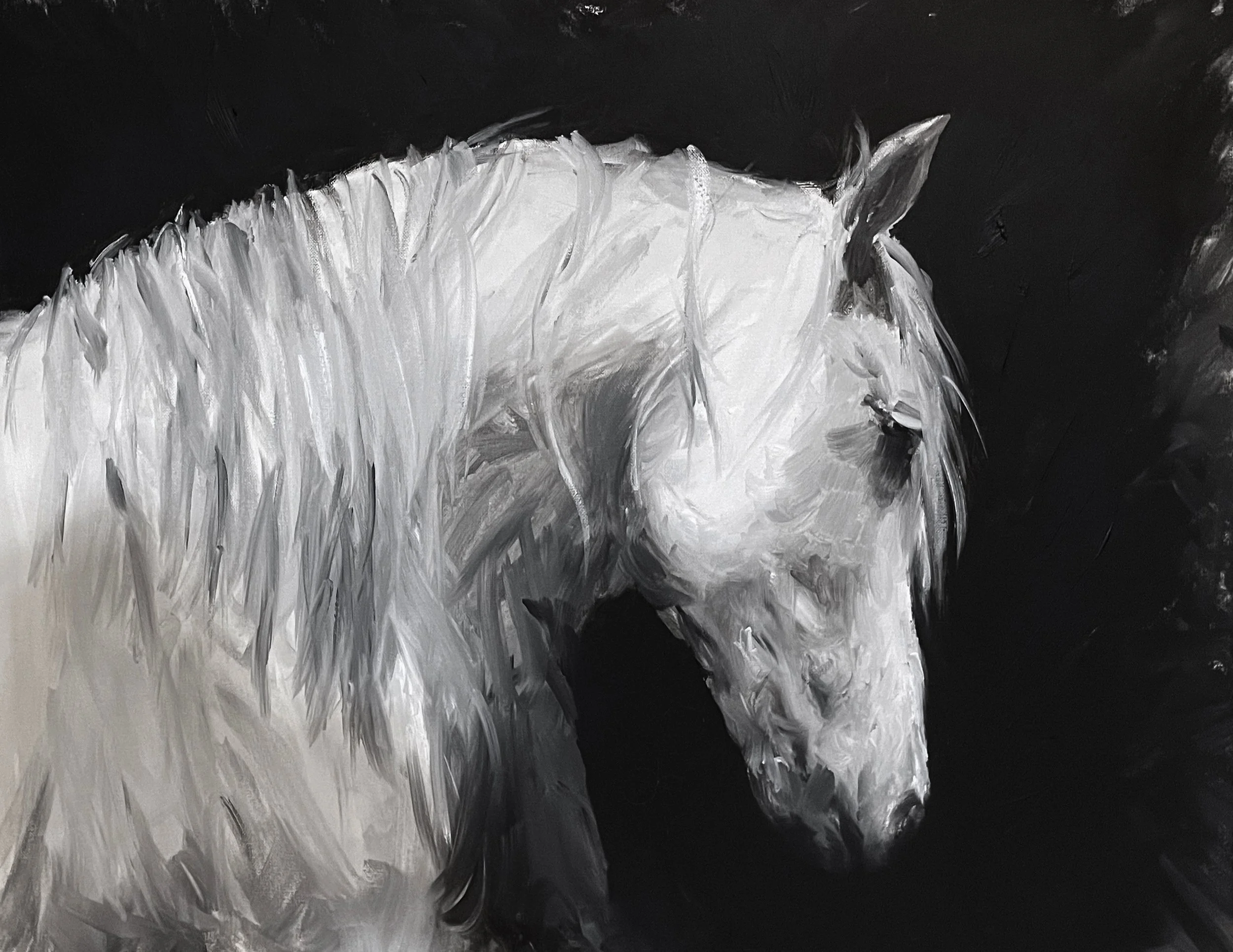 A black and white painting of a dog with shaggy fur, facing sideways with its head slightly lowered.