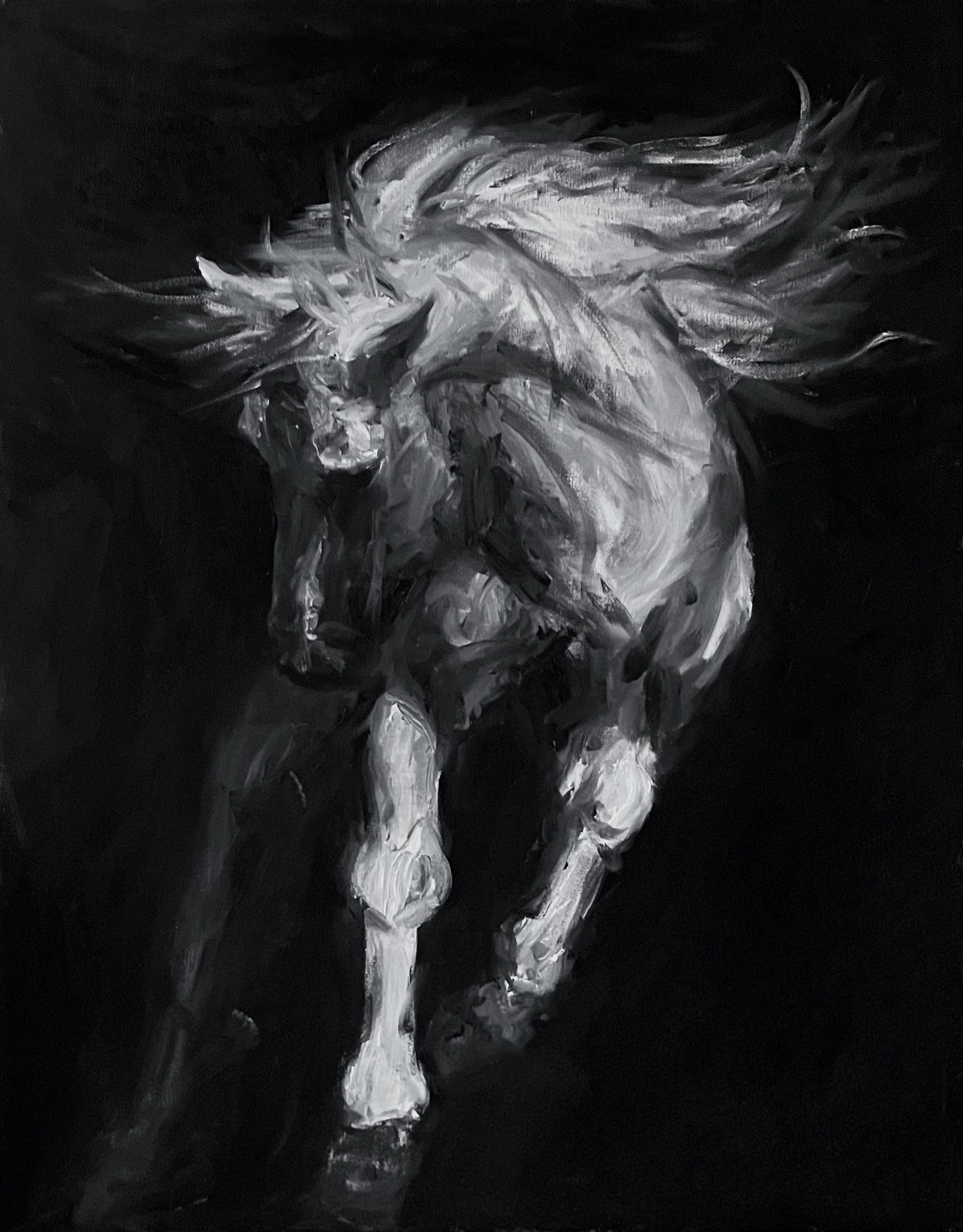 Black and white painting of a horse made with broad, textured brushstrokes on a dark background.