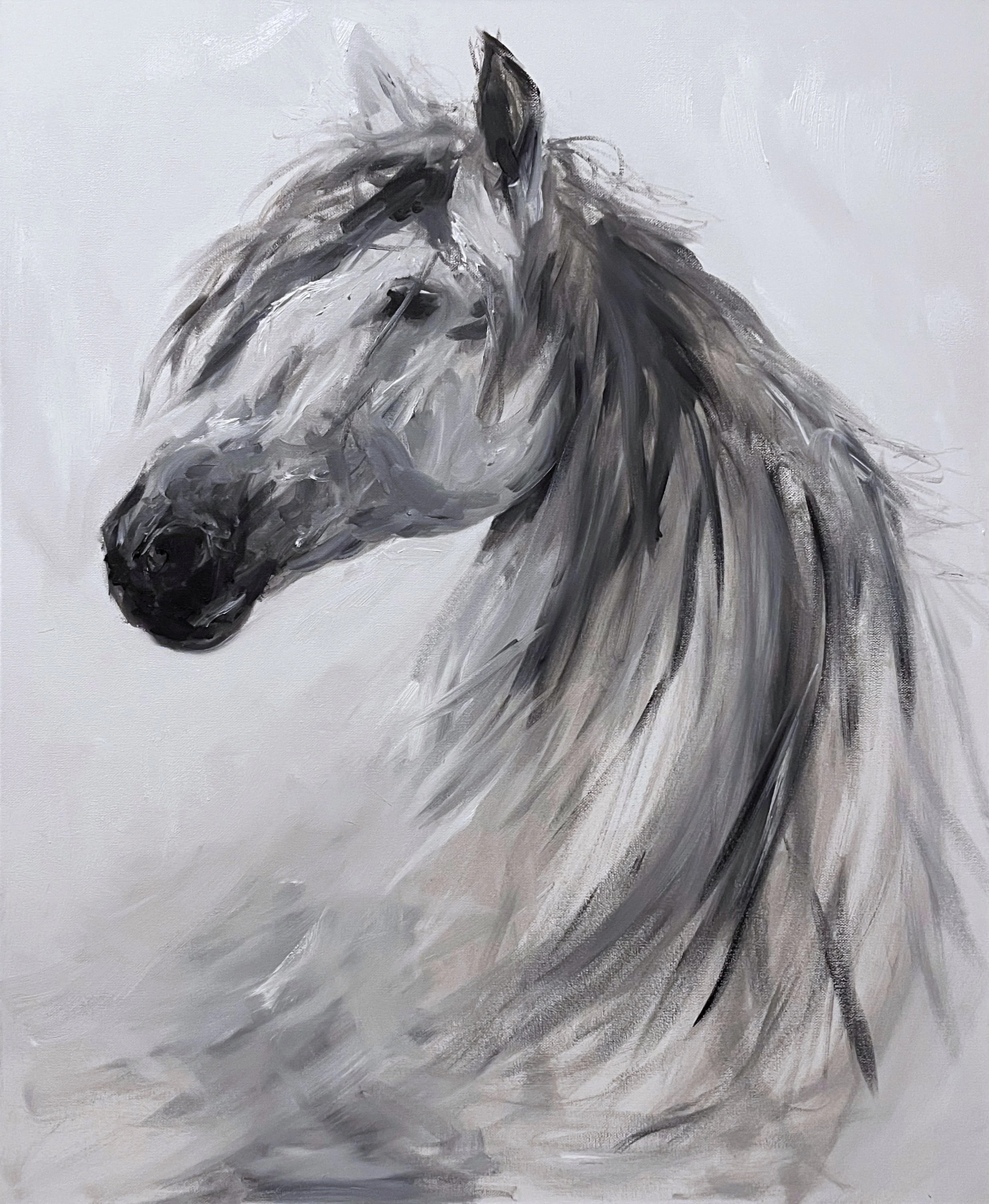 A monochromatic painting of a horse's head in profile with expressive brushstrokes.