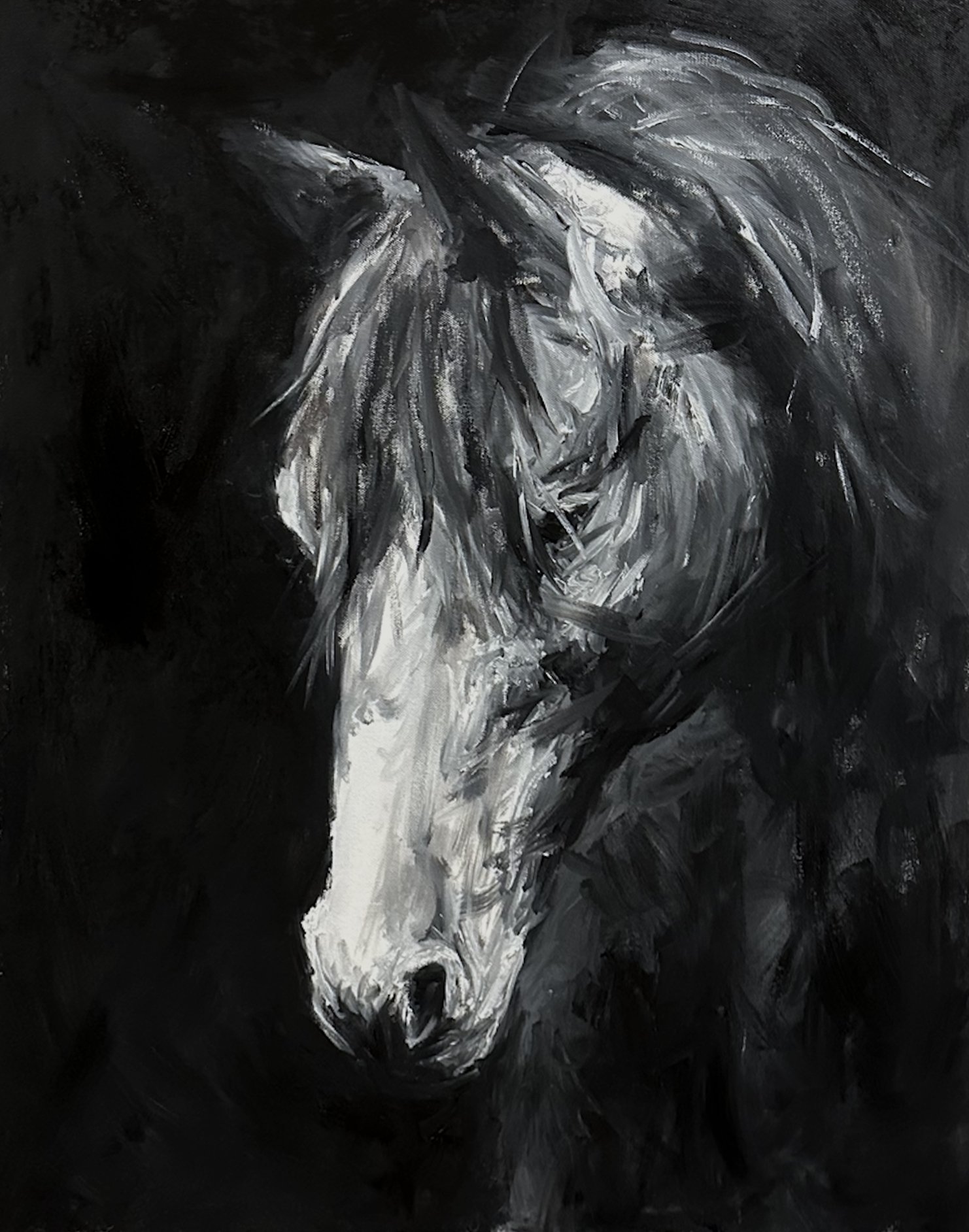 A black and white abstract painting of a horse's head, with brushstrokes emphasizing the mane, eyes, and facial features.