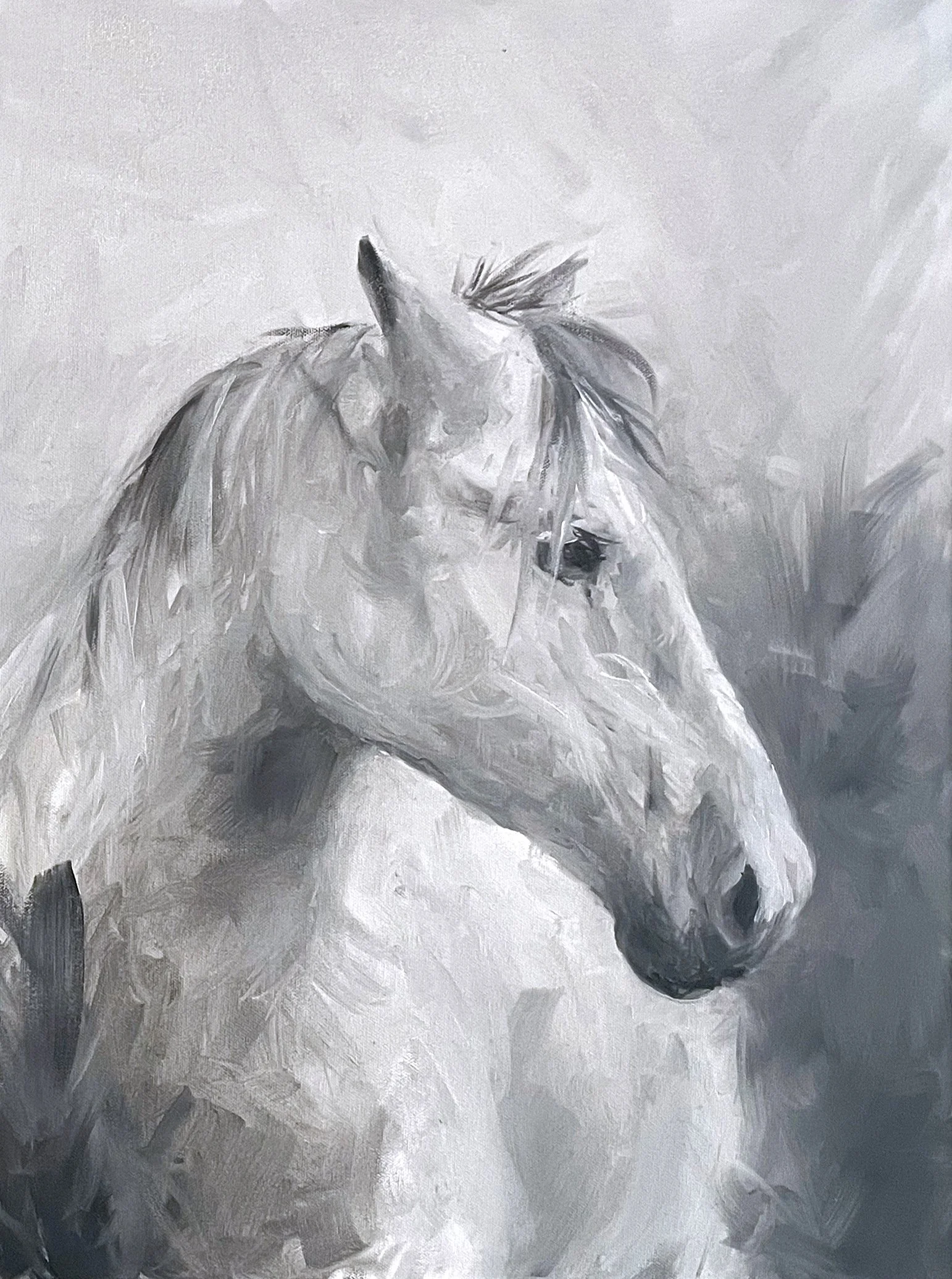 A grayscale painting of a horse with a flowing mane and tail, sitting on the ground, facing slightly to the left with its head turned away.
