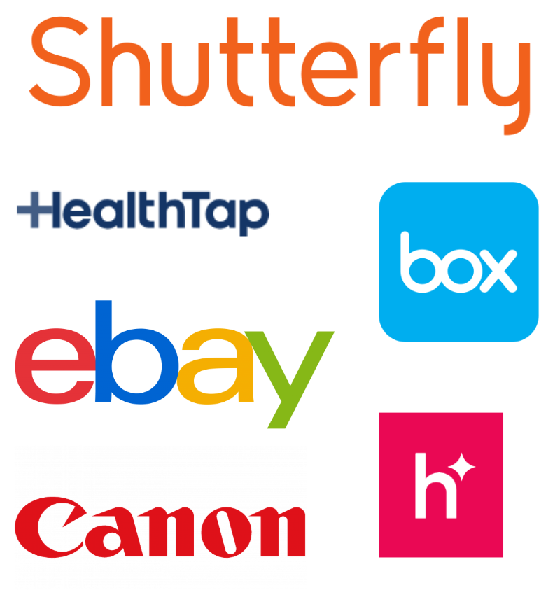 Collection of logos for Shutterfly, HealthTap, Box, eBay, Canon, and Hinge.