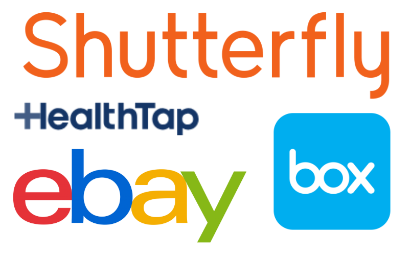 Four company logos: Shutterfly, HealthTap, eBay and Box