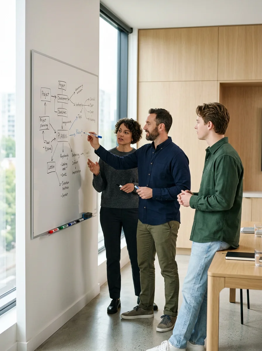three people planning at a white board