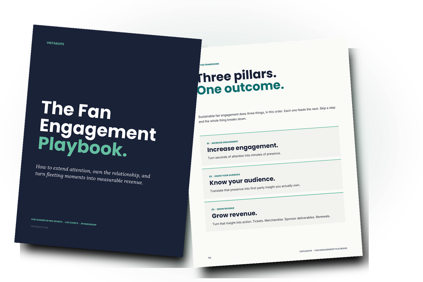 Open playbook titled 'The Fan Engagement Playbook' with a subtitle 'How to extend attention, own the relationship, and turn fleeting moments into measurable revenue', featuring pages about increasing engagement, knowing your audience, and growing revenue.