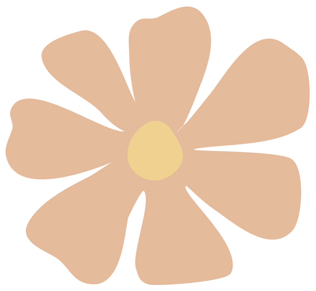A cartoon illustration of a beige flower with seven petals and a yellow center.