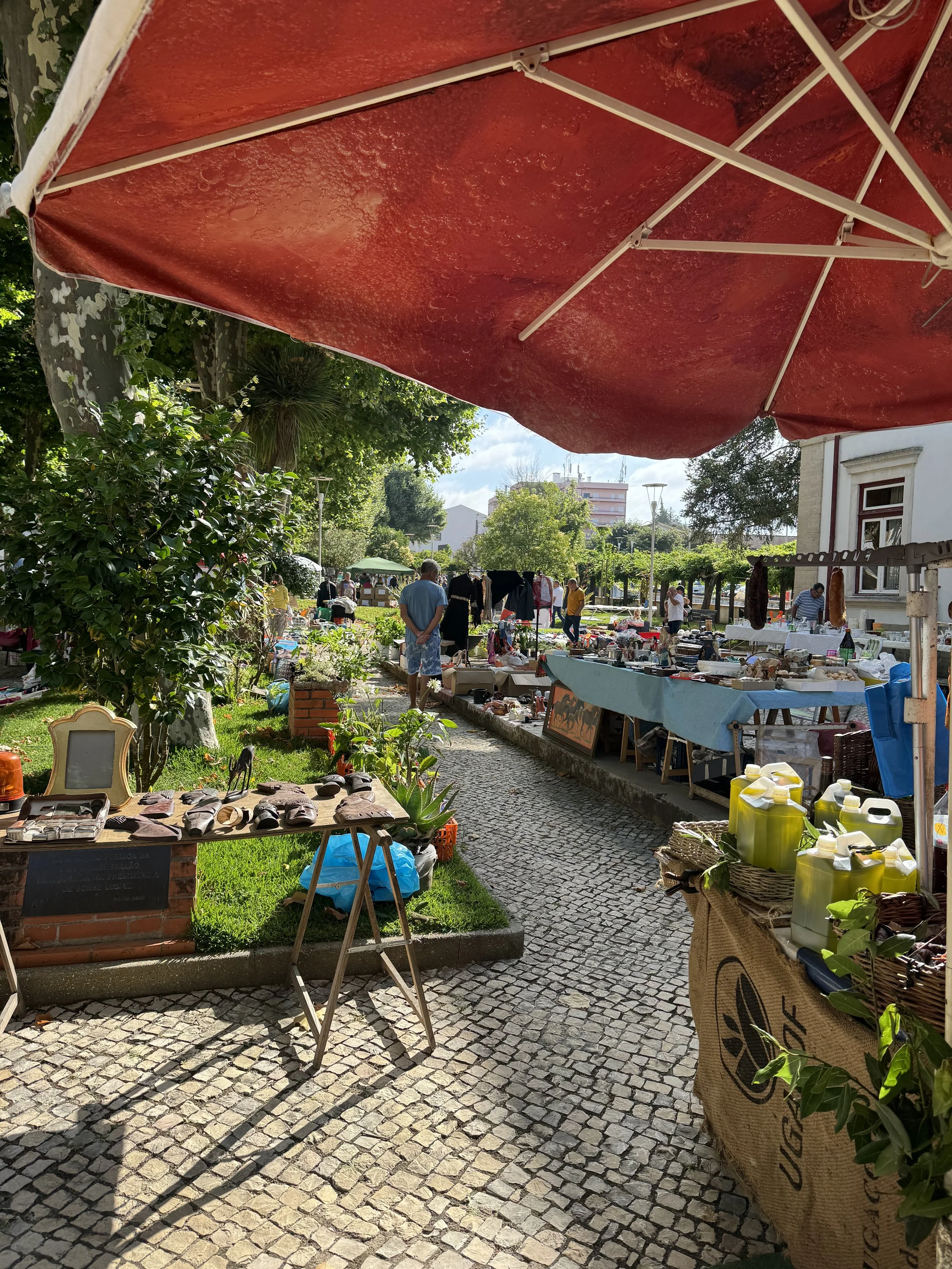 An outdoor market with various stalls selling items, under a red canopy, surrounded by trees and a cobblestone walkway, with vendors and shoppers visible.