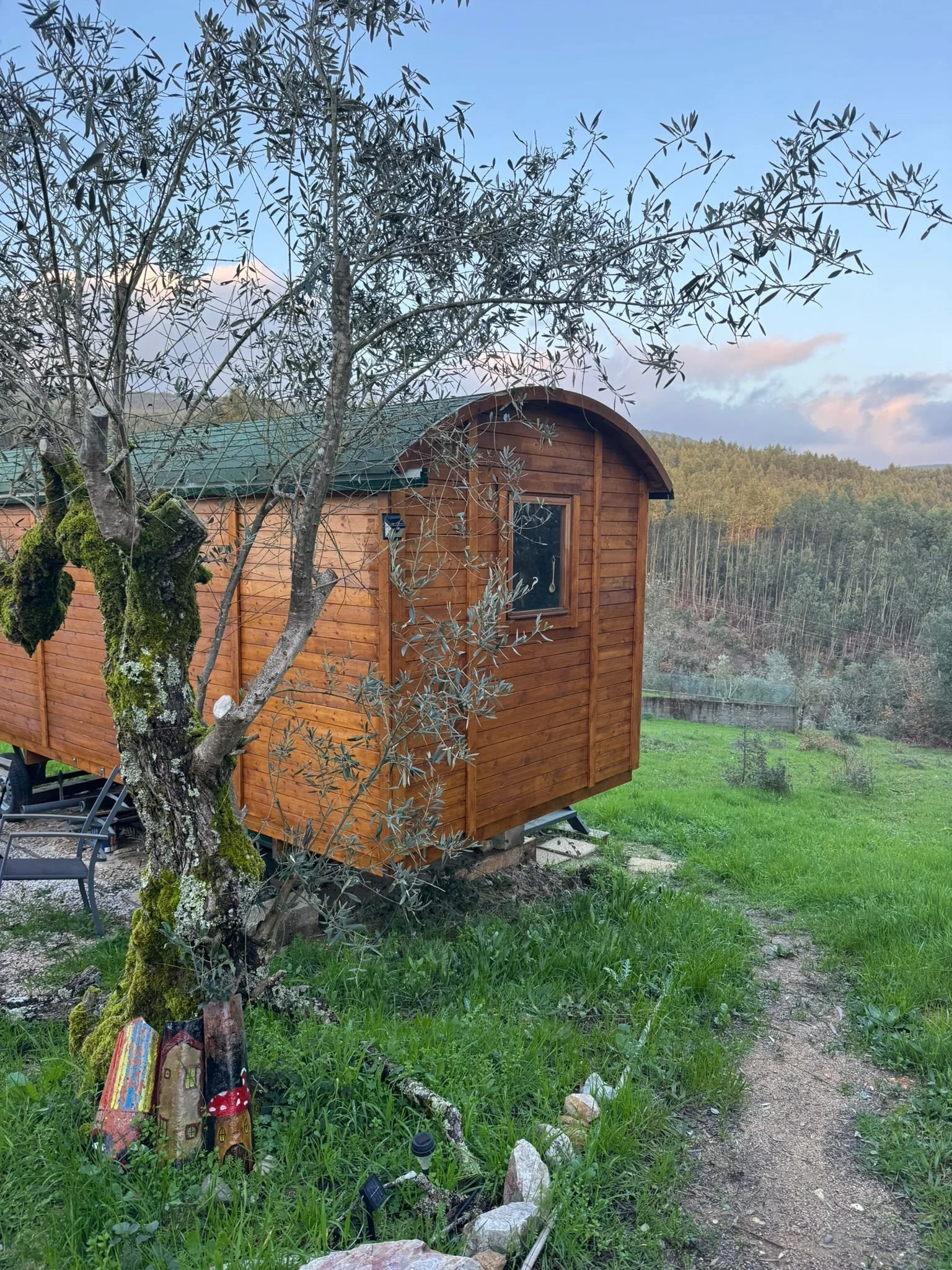 A wooden tiny house with a curved roof, situated in a grassy area. There is an olive tree in front, with a moss-covered trunk. The surroundings include a garden with small decorative stones and figurines, and a dirt path leading past the house. In the background, there are hills covered with trees under a partly cloudy sky during daylight.