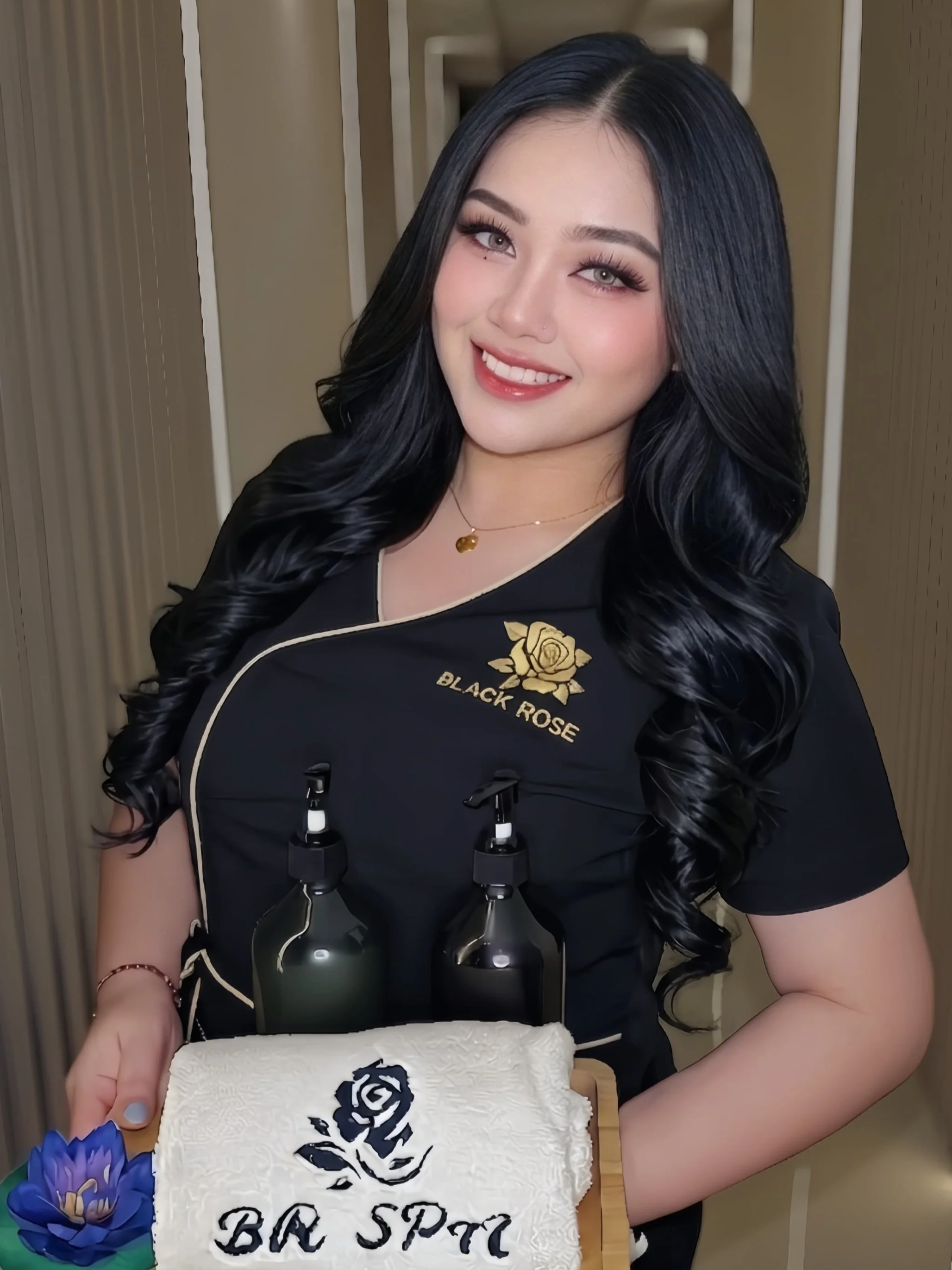 Young woman with long black hair, wearing makeup, a black shirt with gold roses and the words 'Black Rose,' and a necklace, holding a birthday cake with white icing, a black rose design, and the words 'Ba Spa' on it.