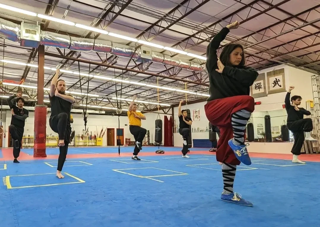 Group of people practicing martial arts in a gym, standing on one leg with arms raised, on blue mats.