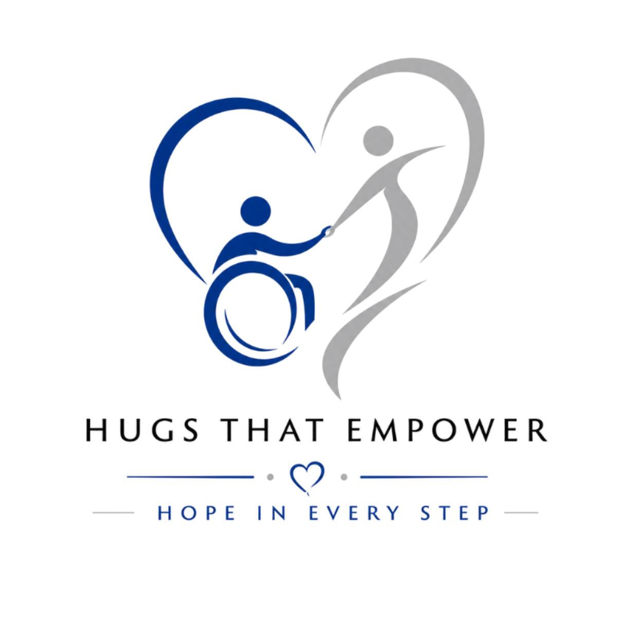 Logo featuring two abstract human figures, one in a wheelchair, holding hands with a larger figure, forming a heart shape. Below, the text reads "Hugs That Empower" and "Hope in Every Step," with a small heart and lines for decoration.