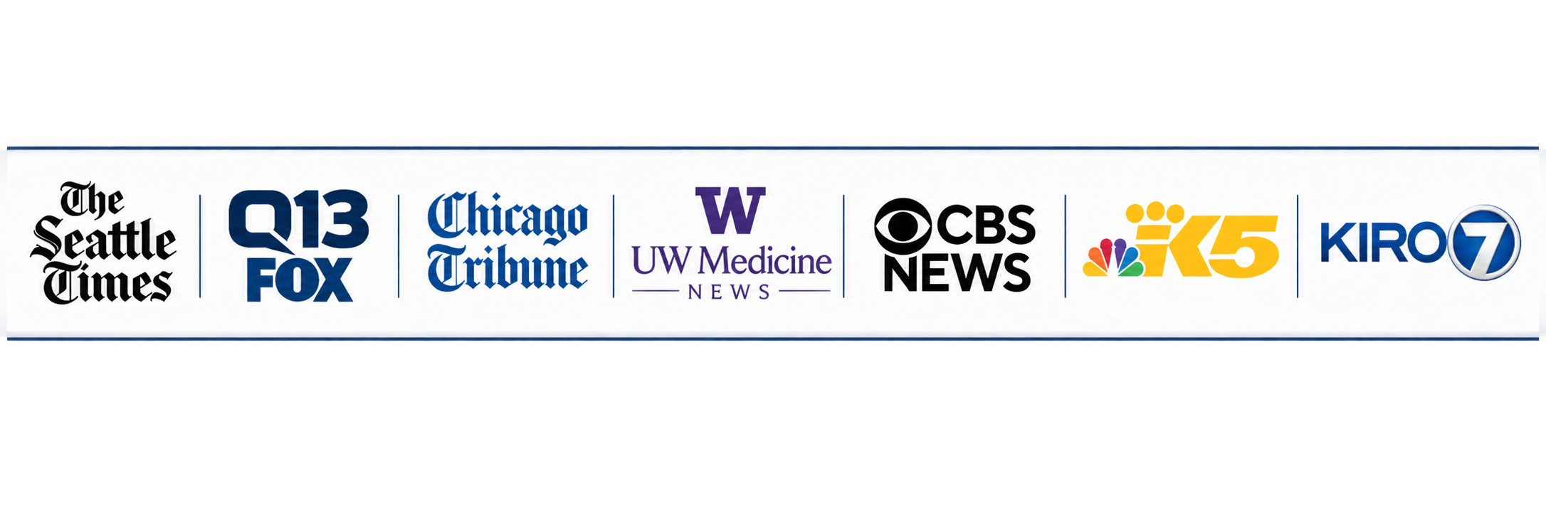 Logos of various news organizations, including The Seattle Times, Q13 FOX, Chicago Tribune, UW Medicine News, CBS News, NBC 5, and KIRO 7.