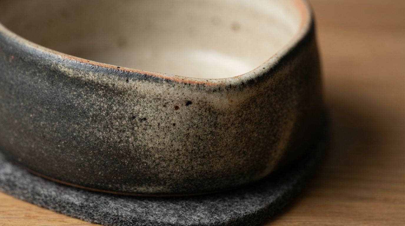 Close-up of a textured, speckled ceramic bowl on a felt coaster, on a wooden surface.