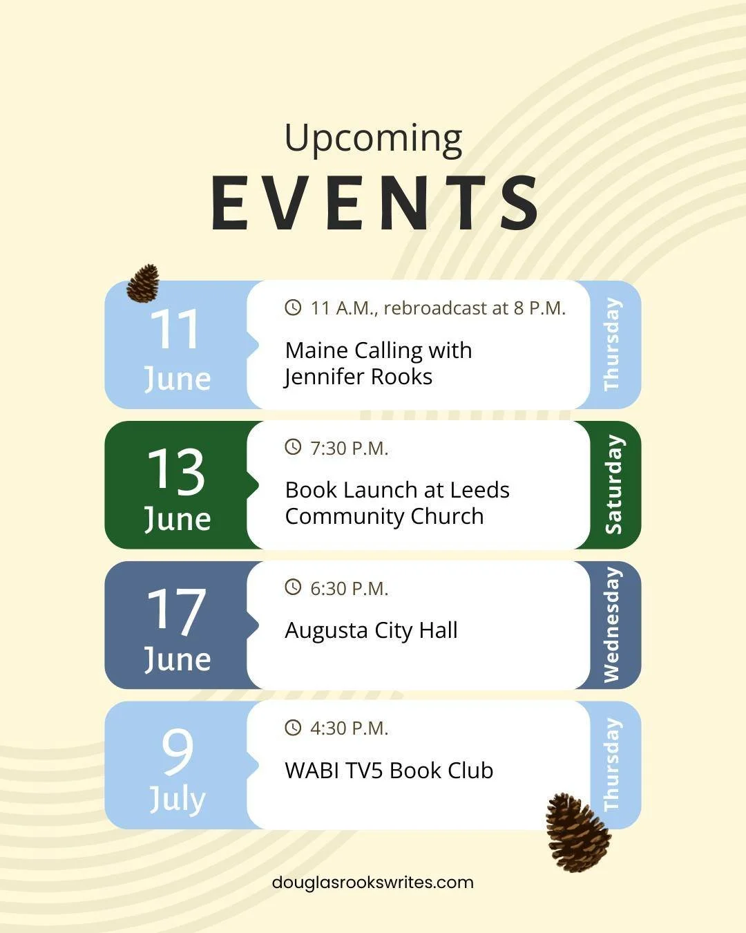 Catch me on @mainecalling with Jennifer Rooks, Wednesday, June 11, at 11 AM on @mainepublic, or listen to the rebroadcast at 8 PM.
Additional upcoming events: 
Book launch Saturday, June 13 at 7:30 PM at Leeds Community Church
Event and reading Wedne