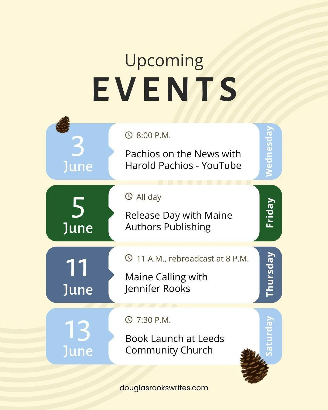 Join me at or listen to one of my upcoming events! 
📺 June 3: @pachiosonthenews with Harold Pachios at *edit* 7 PM on YouTube
📘 June 5: Release Day with @maineauthorspub wherever books are sold
📻 June 11: @mainecalling with Jennifer Rooks at 11 AM