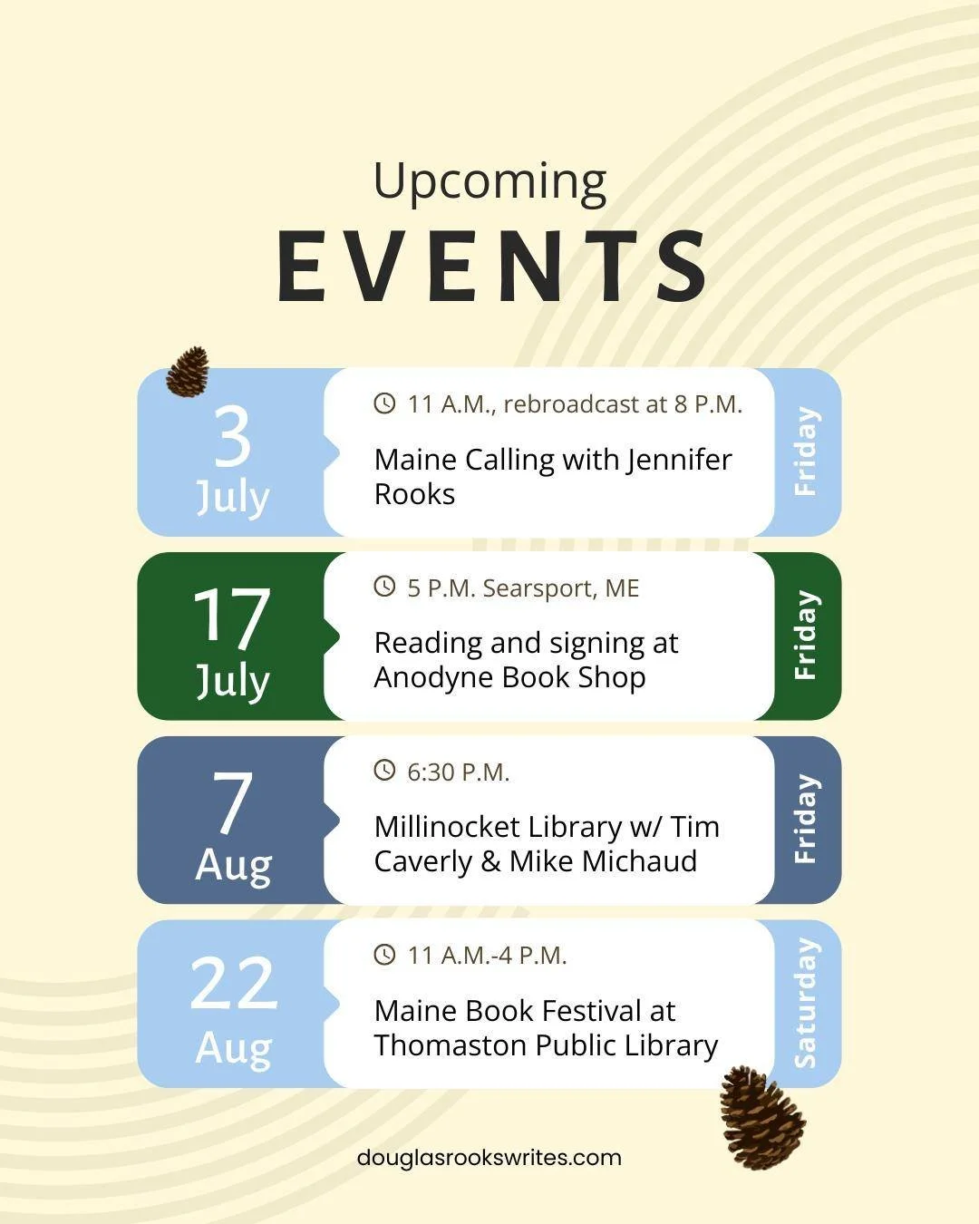 TODAY you can listen to my @mainecalling episode on Ken Curtis at 11 AM and 8 PM. 
Friday, July 17 at 5 PM, I'll be at @anodynebookshop in Searsport for a reading and signing of Transformational.
Friday, August 7 at 6:30 PM join me, Tim Caverly, and 