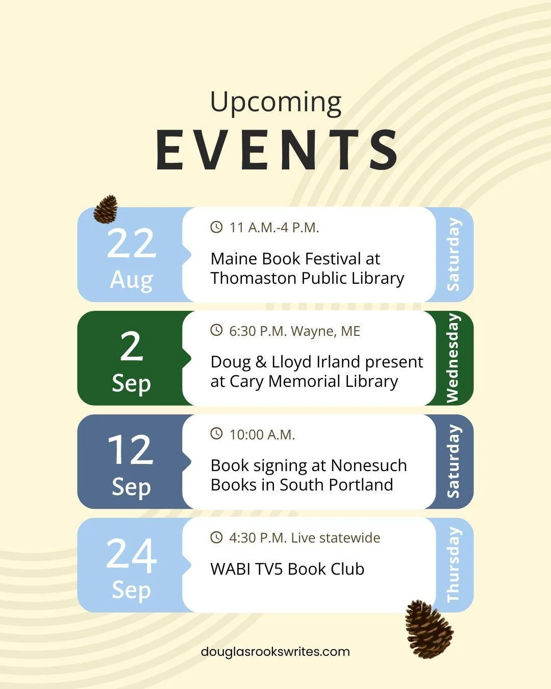 Join me for upcoming events around the beautiful state of Maine, starting tomorrow with the Maine Book Festival at the @thomastonpubliclibrary at 11 A.M. I hope to see you there! 📚