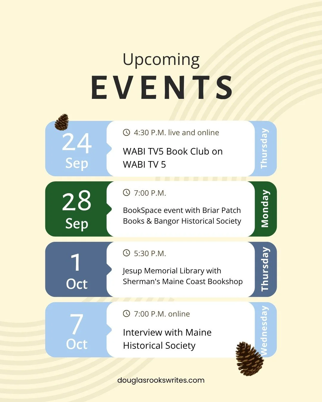 Today at 4:30 p.m. I'll be live on WABI TV5 and online for the WABI TV5 Book Club with Book Mark's Maine. 📚 

Check my website for more events in October and November. I hope to see you soon!

 #MaineHistory #MaineAuthor #DouglasRooksWrites #Governo