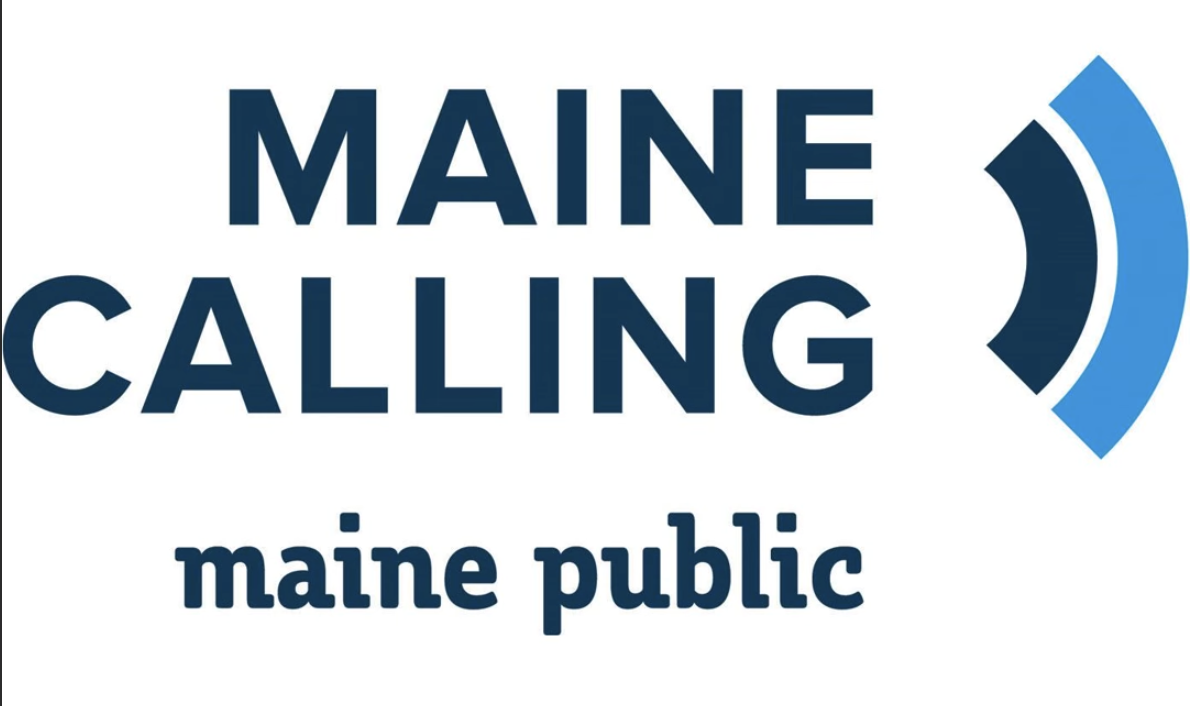 The Maine Calling program logo in navy blue and sky blue, with the maine publi logo in navy text underneath