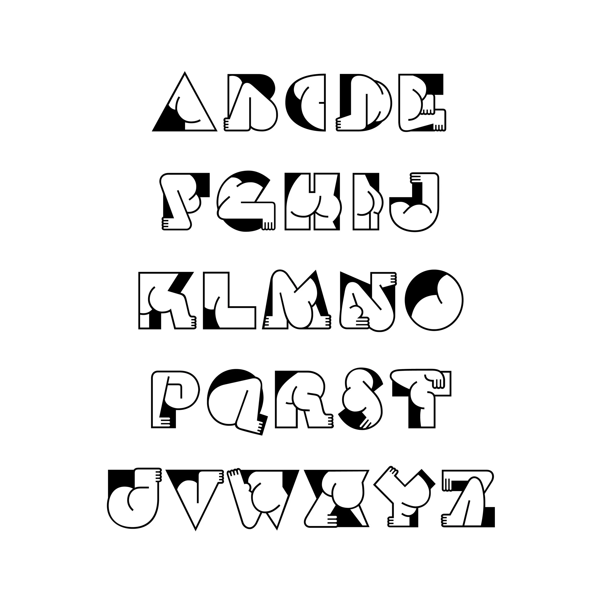 The image contains the alphabet spelled out with stylized, outlined alphabet letters, each with a small hand or arm illustration.