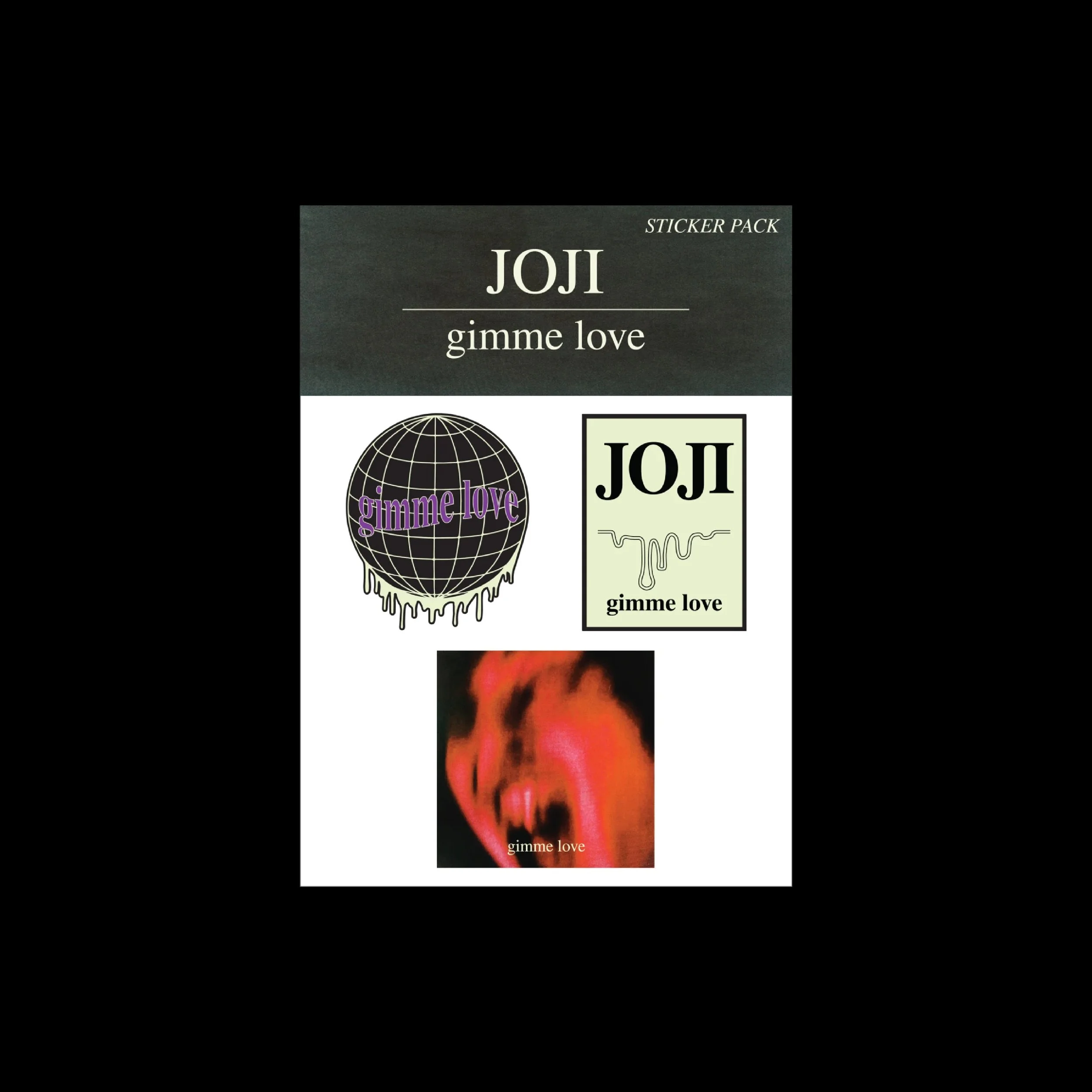 Collection of sticker designs including the text 'JOL gimme love,' a globe with purple 'gimme love,' stylized lips with dripping paint, and a neon sign that says 'you.'