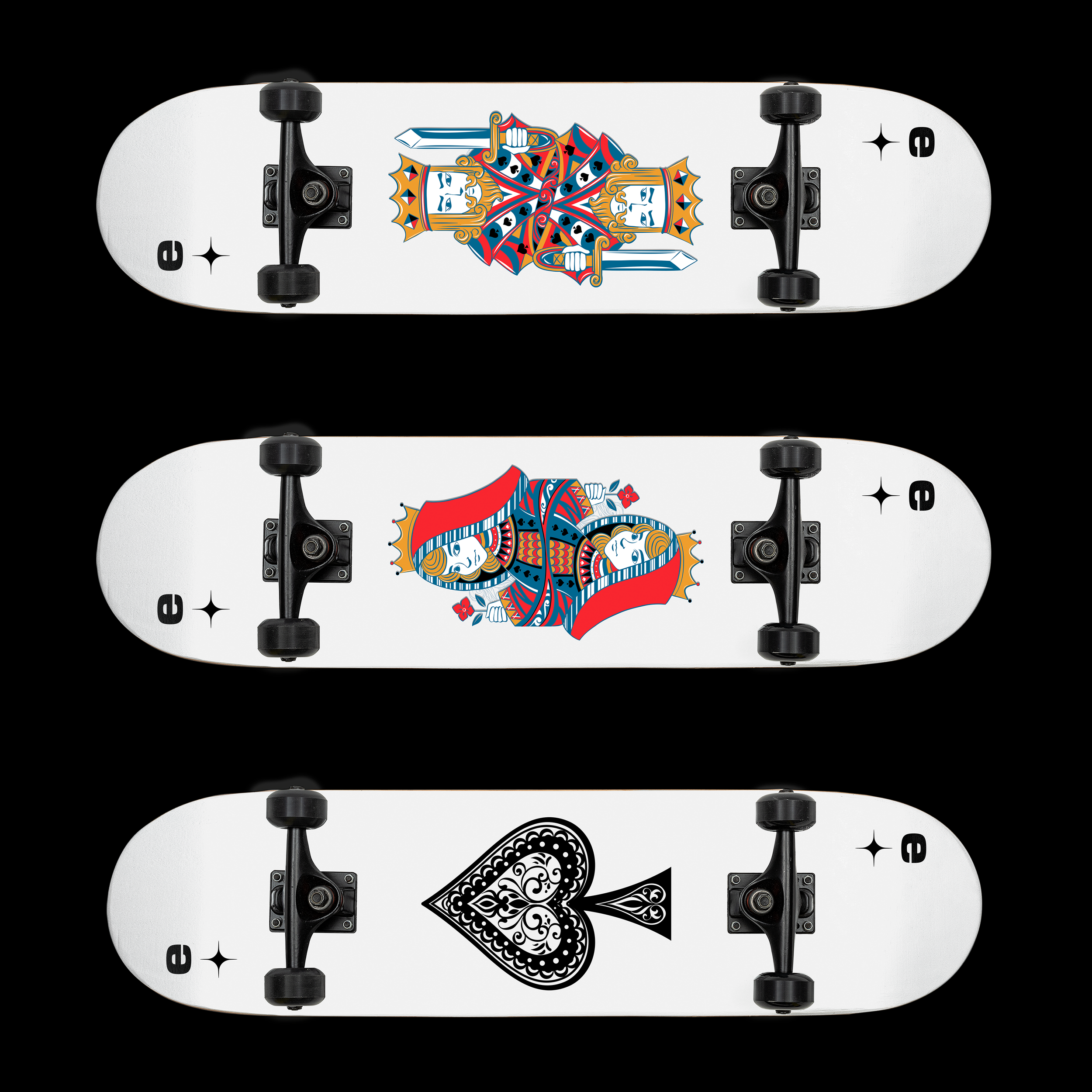 A skateboard deck with colorful, artistic playing card-themed designs, including a king, queen, and spade patterns, against a black background.