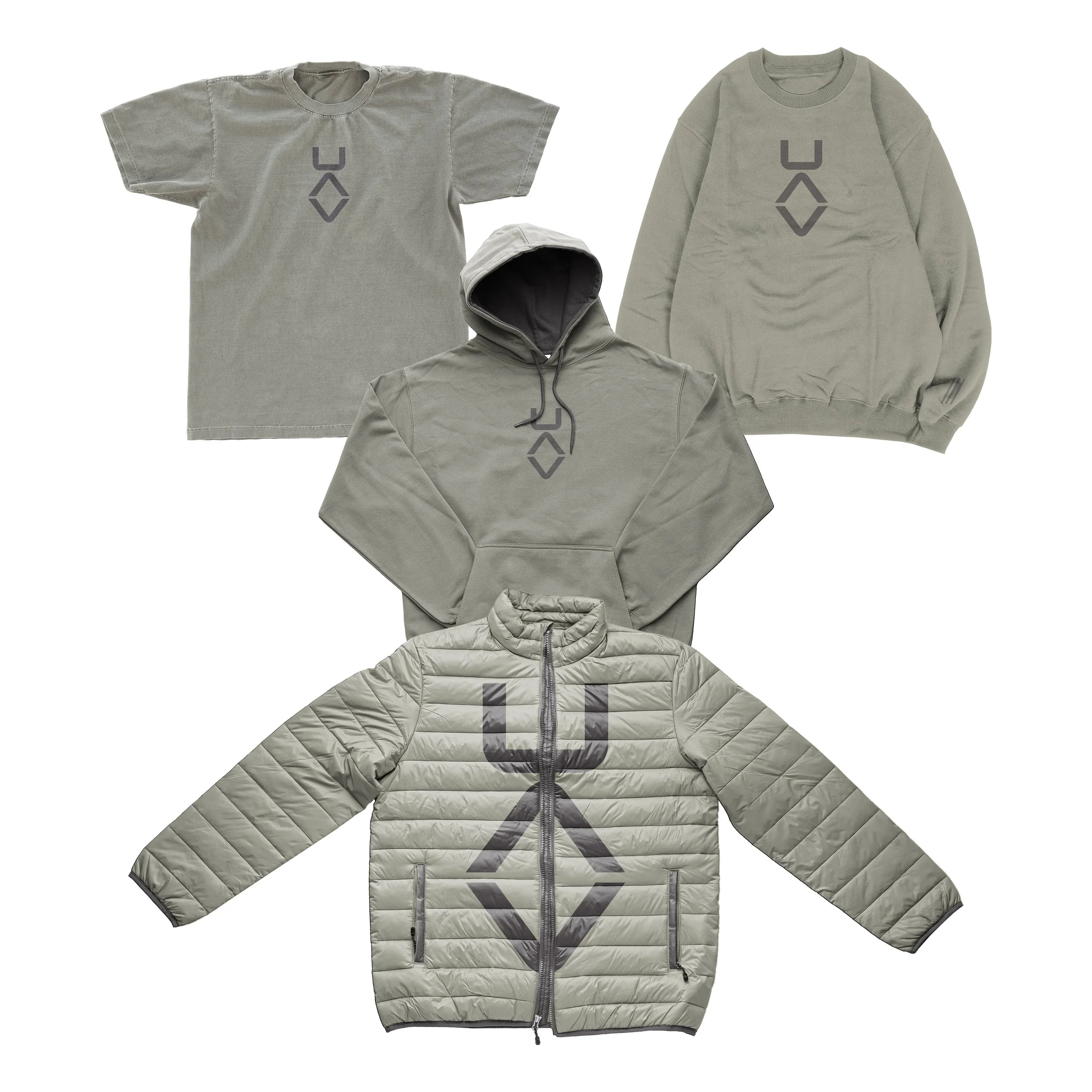 Collection of gray clothing including t-shirt, sweatshirt, hoodie, puffer jacket, and leggings with black geometric logo.