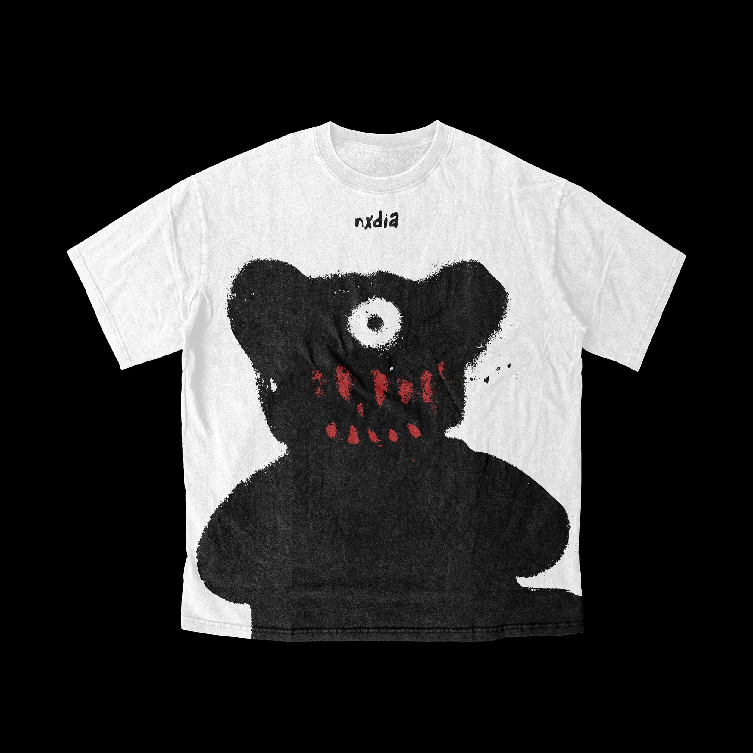 White T-shirt with black and red graphic print and upside-down text on collar.