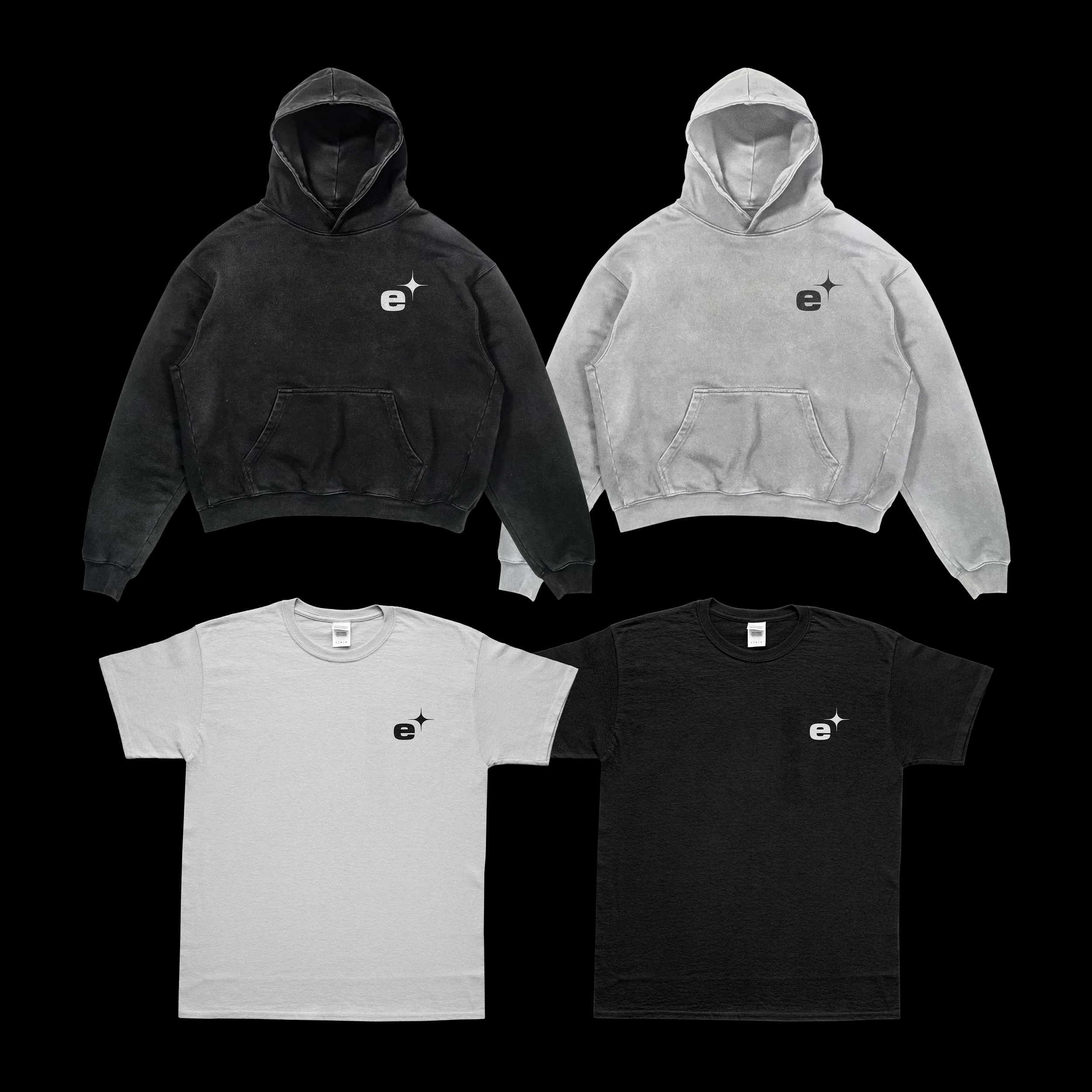 Black and white hoodies with a logo on the left chest area, displayed against a black background.