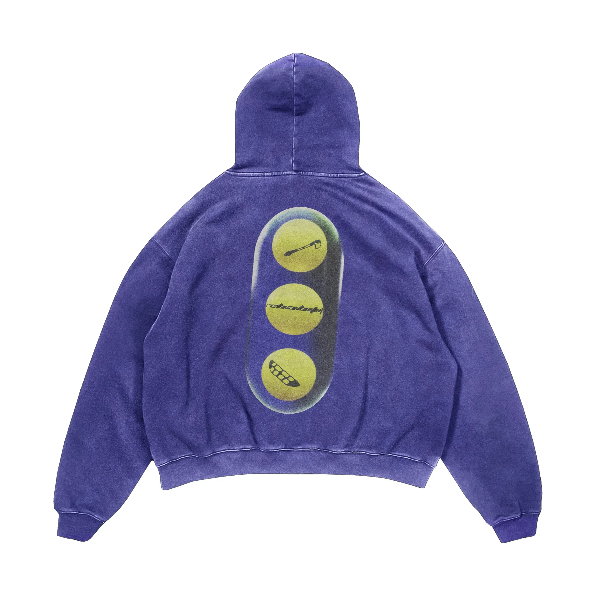 Blue hoodie sweatshirt with a oversized fit and a graphic design featuring yellow circles and a small black graphic in the center.