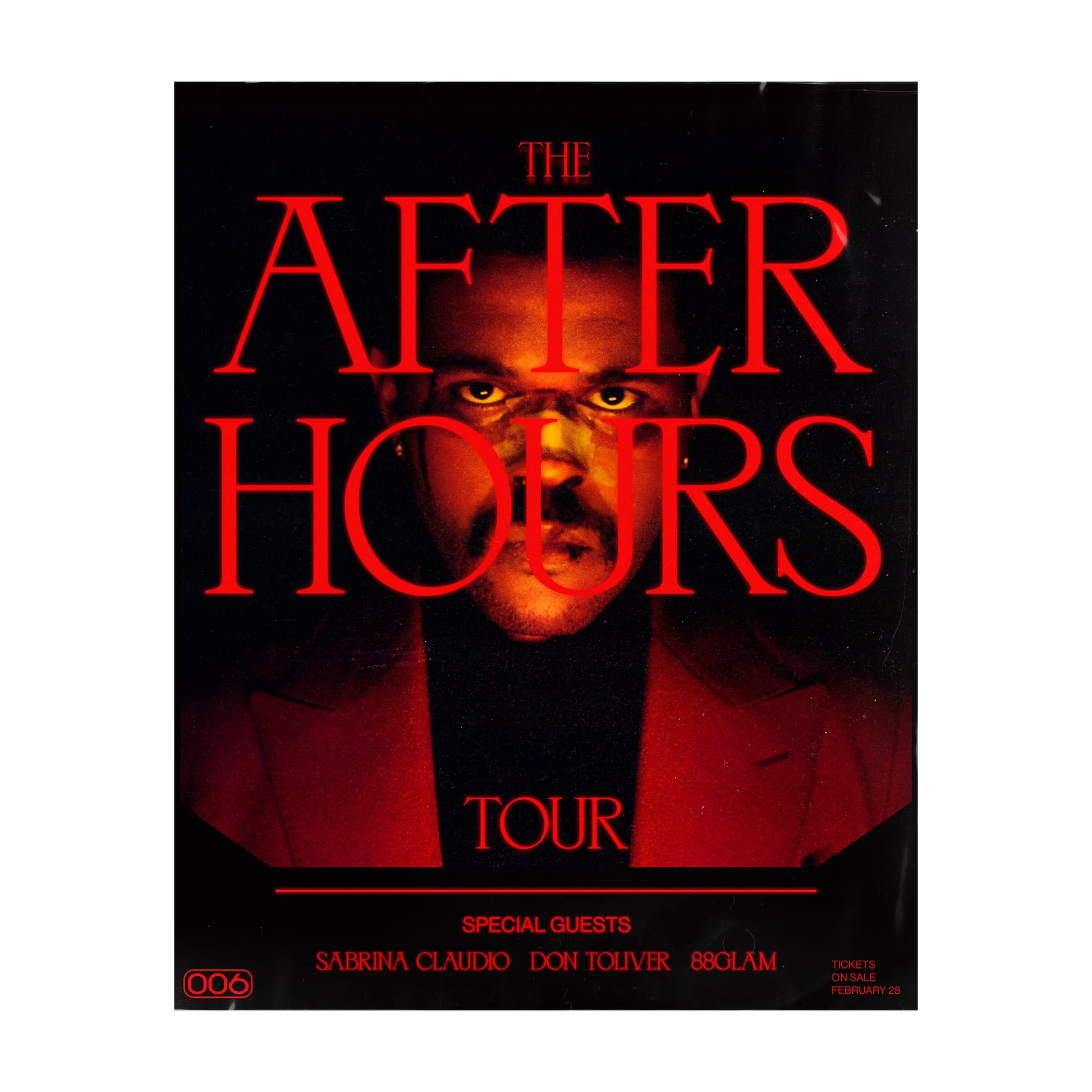 Poster for 'The After Hours' show featuring a person with intense eyes at the top, with red and black theme, featuring text about special guests Sabrina Claudio and Don Toliver, event date February 28, and ticket information.
